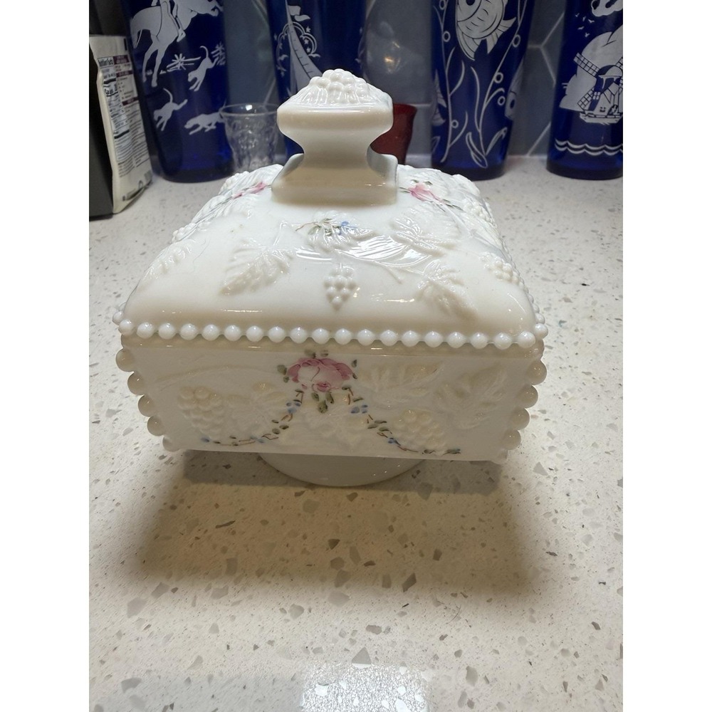 Westmoreland Paneled Beaded Edge Grape Painted Milk Glass Candy Dish Mid Century